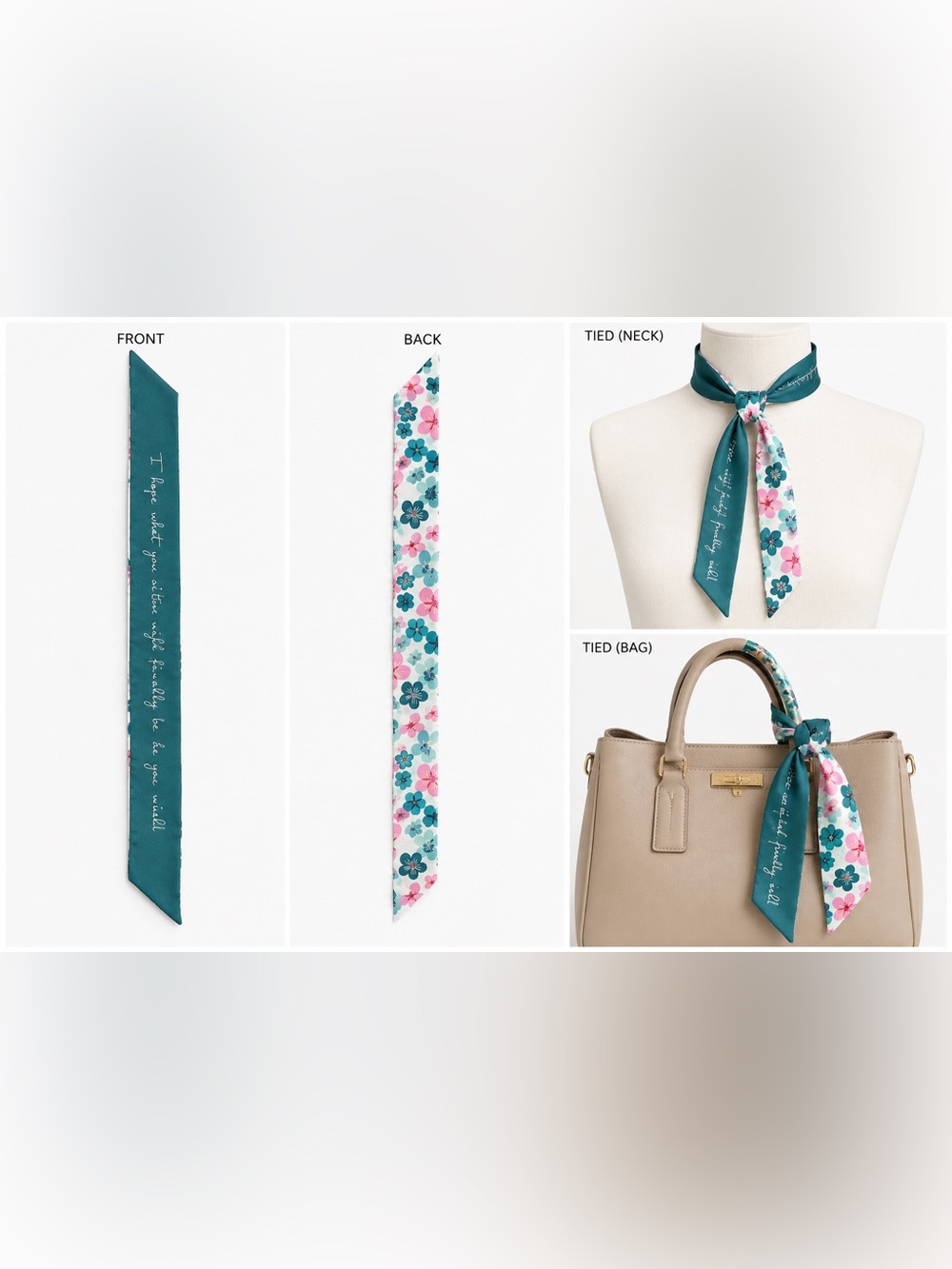 Silk-Feel Floral Skinny Scarf in Teal & Pink